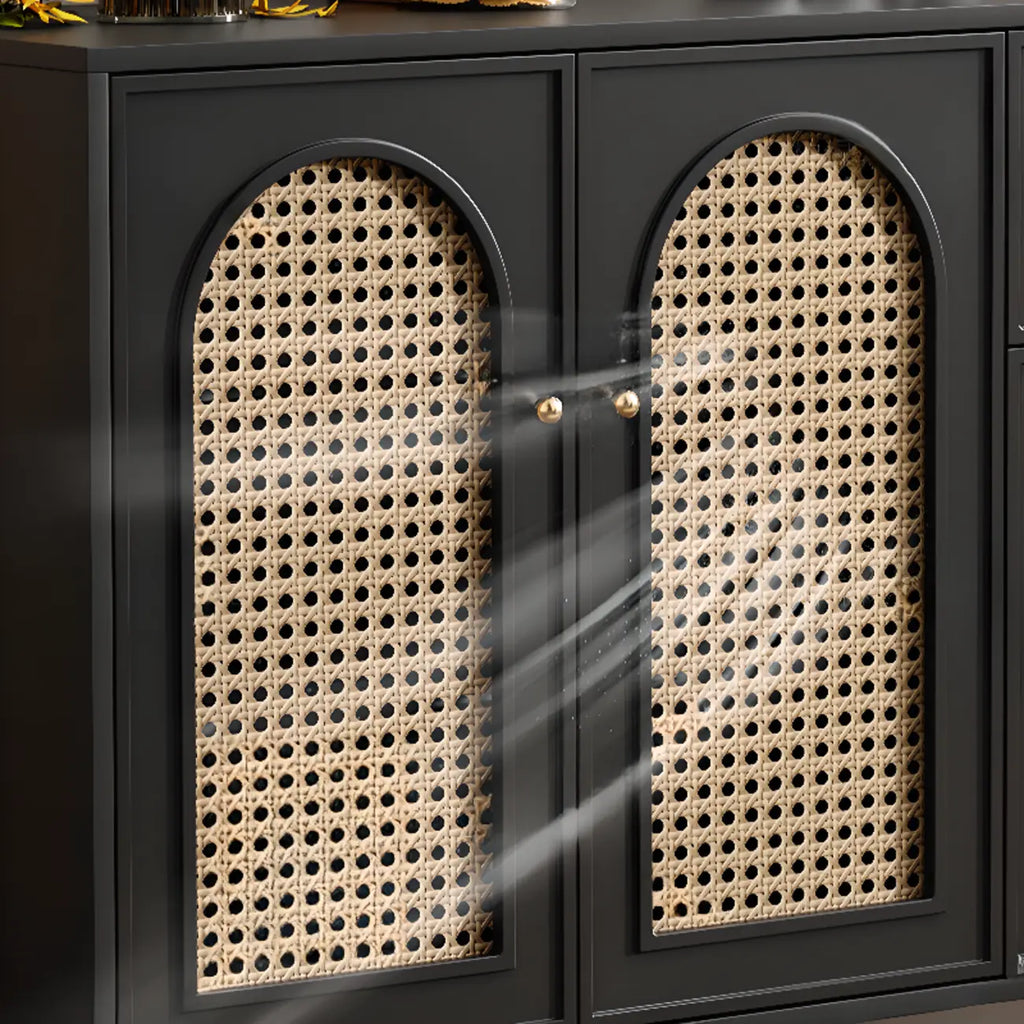 Traditional 3-Layer Rattan Wooden Black Sideboard Cabinet