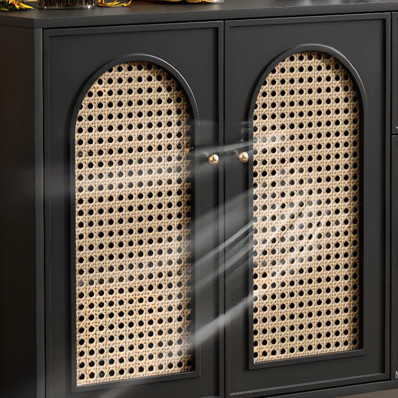 Traditional 3-Layer Rattan Wooden Black Sideboard Cabinet