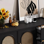 Traditional 3-Layer Rattan Wooden Black Sideboard Cabinet