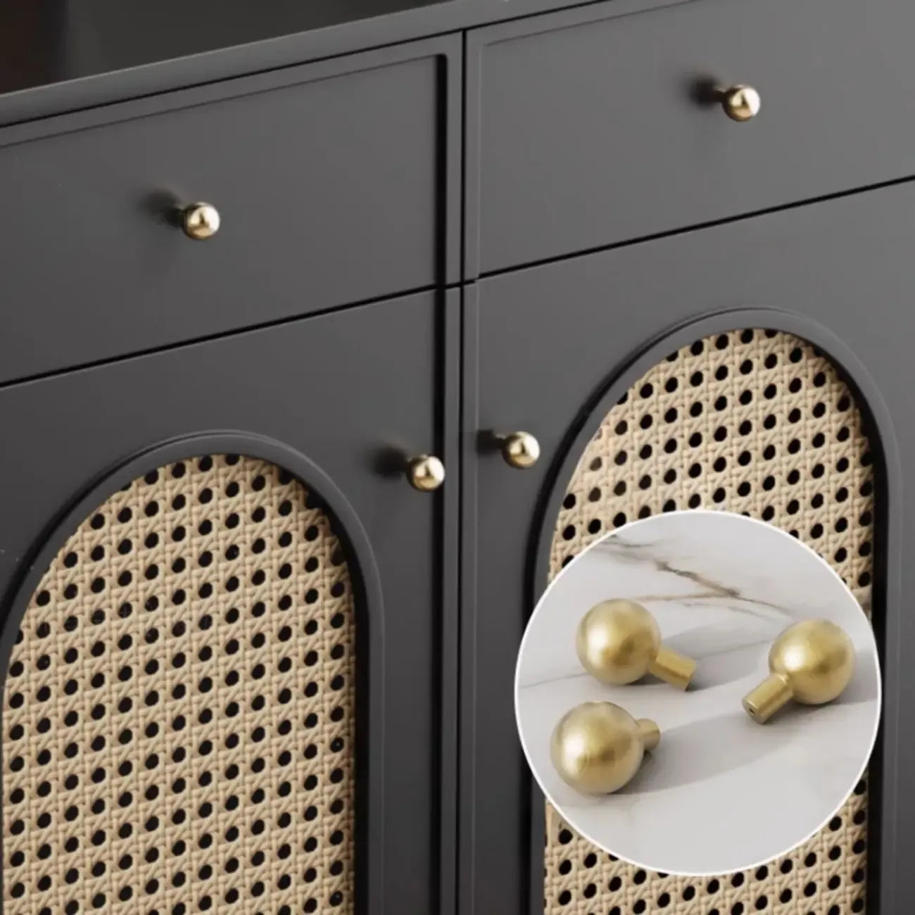 Traditional 3-Layer Rattan Wooden Black Sideboard Cabinet