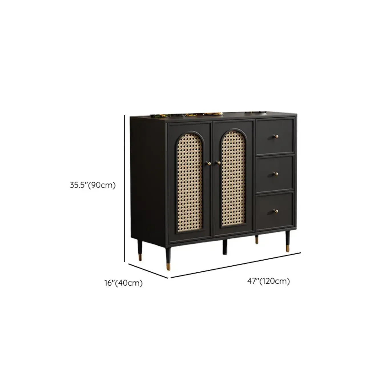 Traditional 3-Layer Rattan Wooden Black Sideboard Cabinet