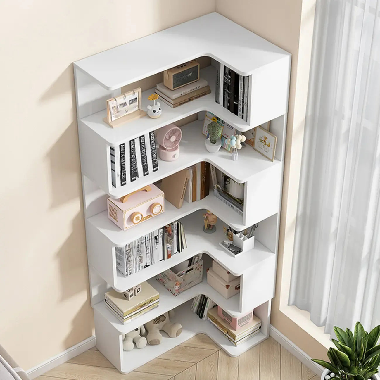 Irregular White L-shaped Wood Open Back Corner Bookcase