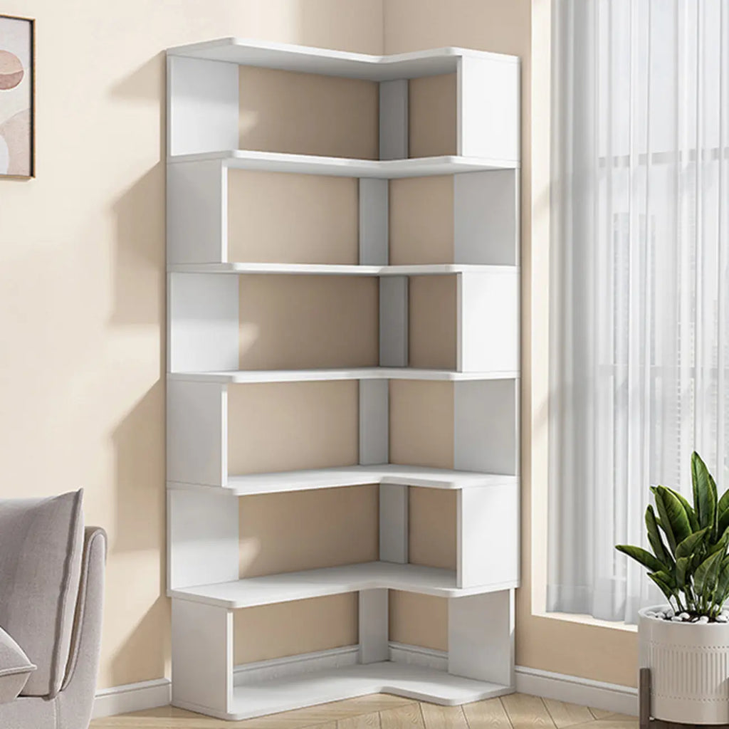 Irregular White L-shaped Wood Open Back Corner Bookcase