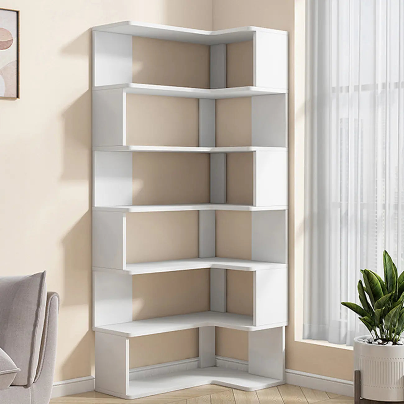 Irregular White L-shaped Wood Open Back Corner Bookcase