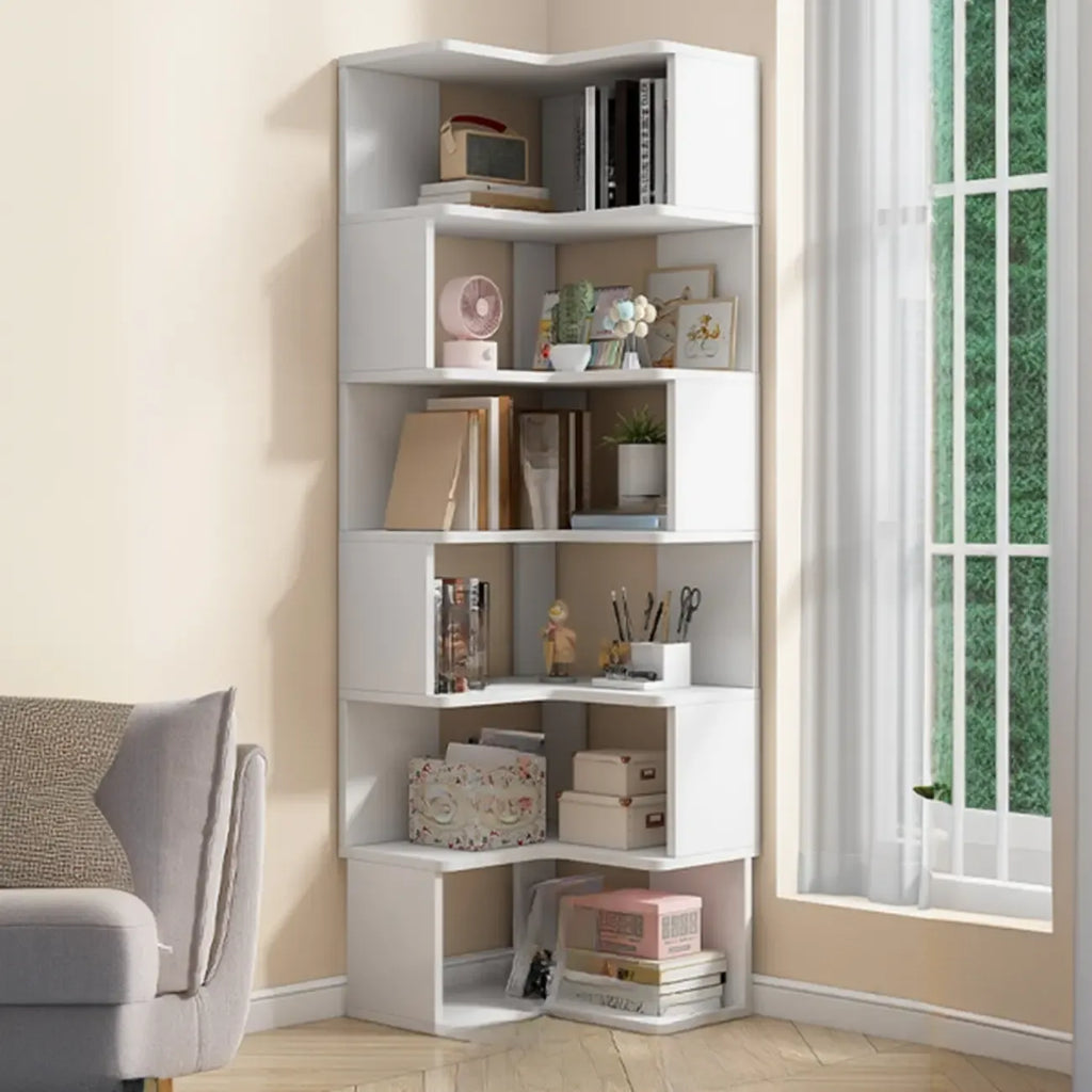 Irregular White L-shaped Wood Open Back Corner Bookcase
