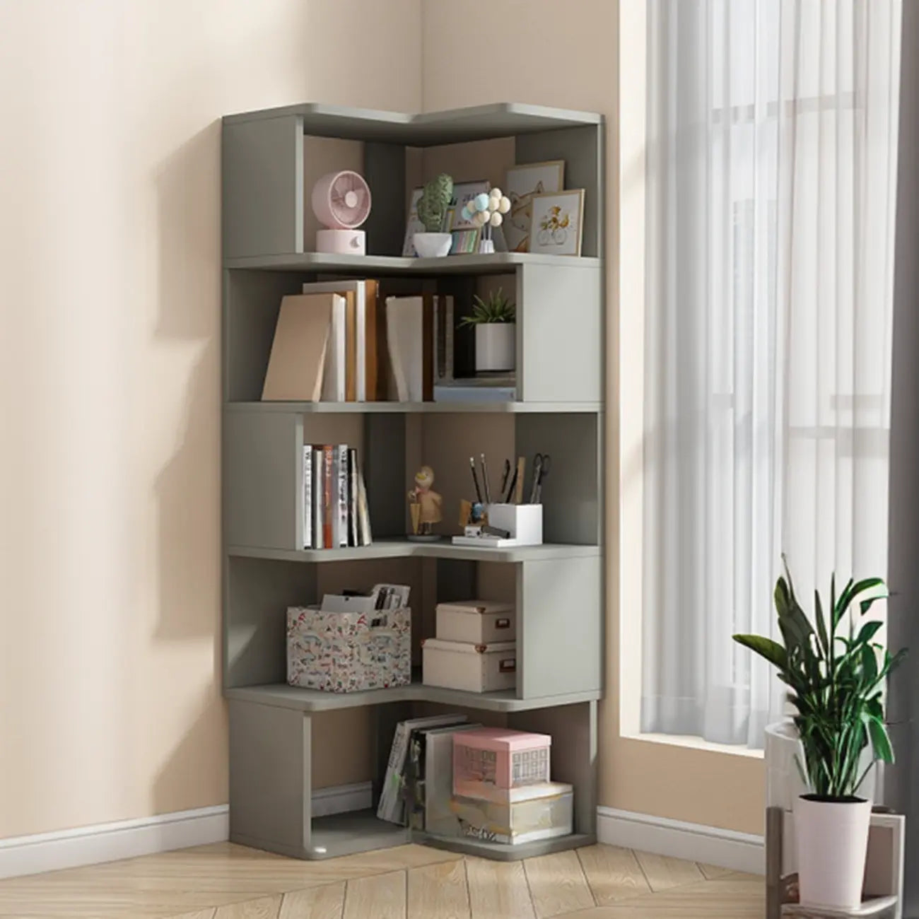 Irregular White L-shaped Wood Open Back Corner Bookcase
