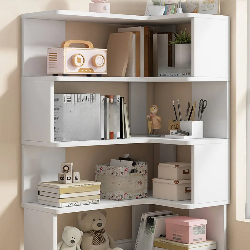 Irregular White L-shaped Wood Open Back Corner Bookcase