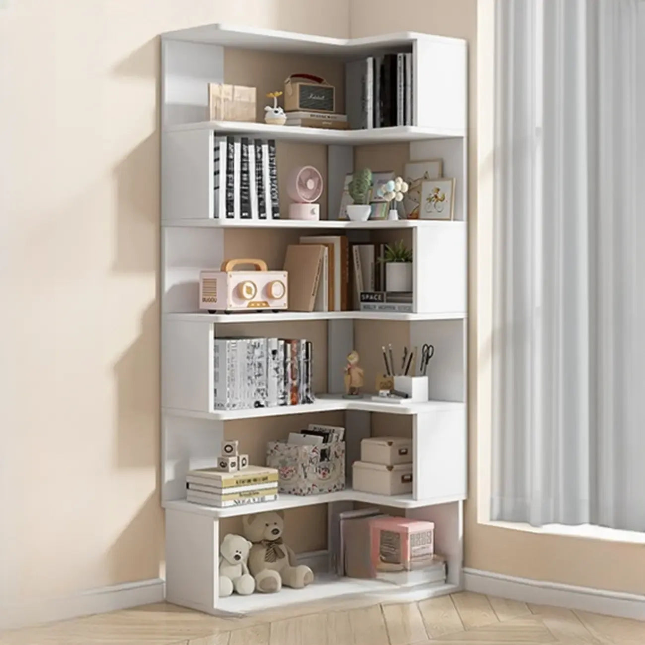 Irregular White L-shaped Wood Open Back Corner Bookcase