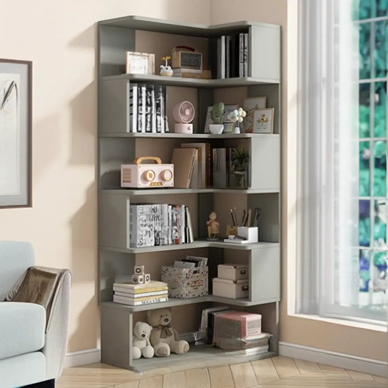 Irregular White L-shaped Wood Open Back Corner Bookcase