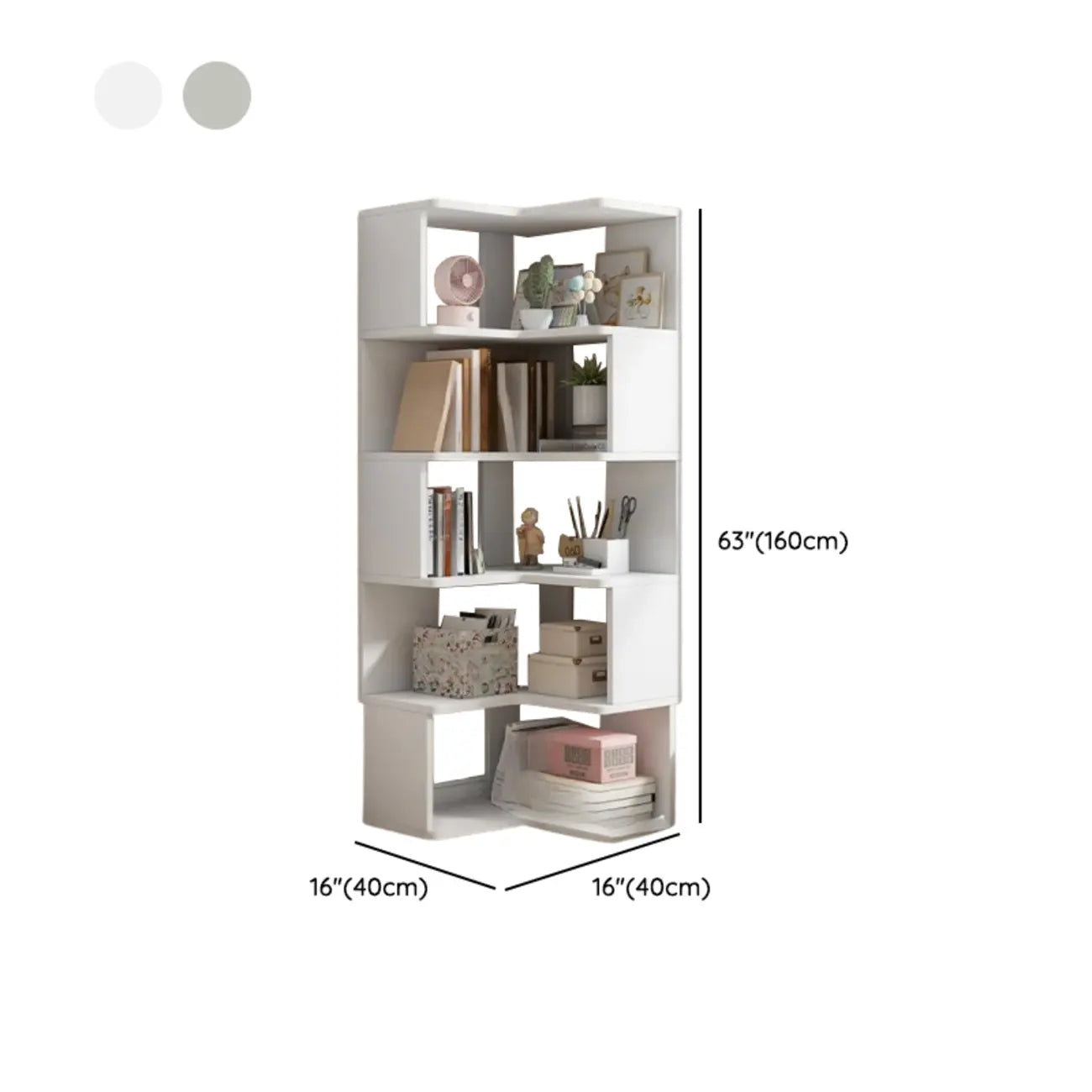 Irregular White L-shaped Wood Open Back Corner Bookcase