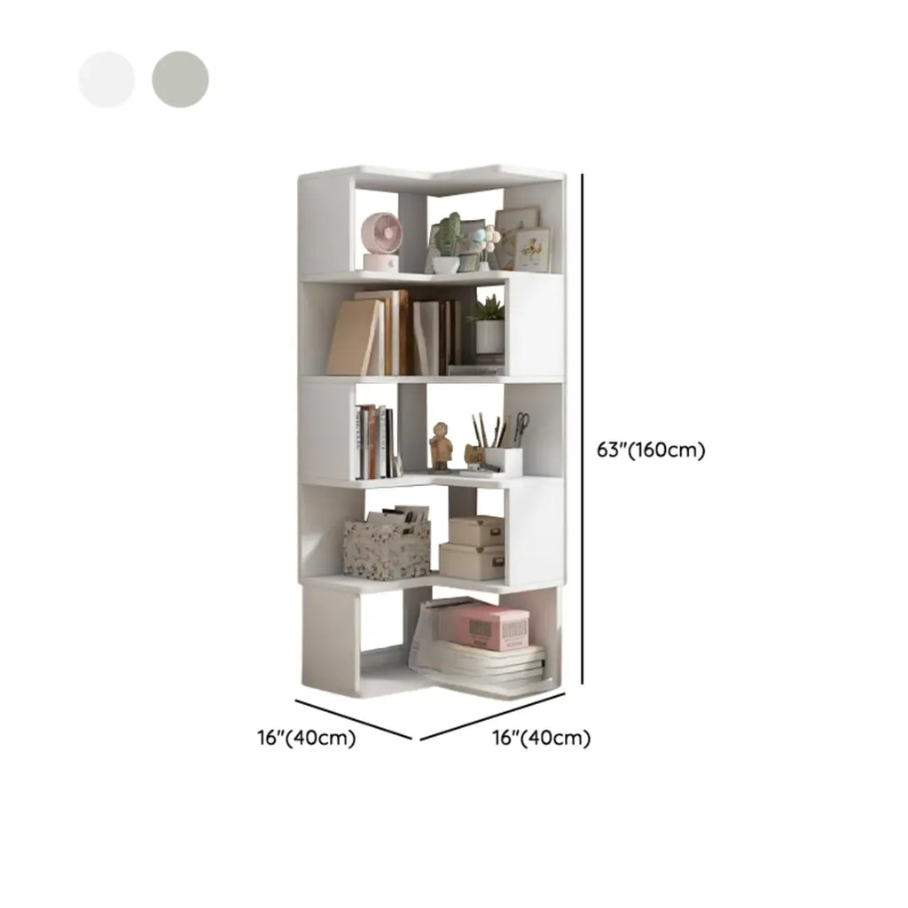 Irregular White L-shaped Wood Open Back Corner Bookcase