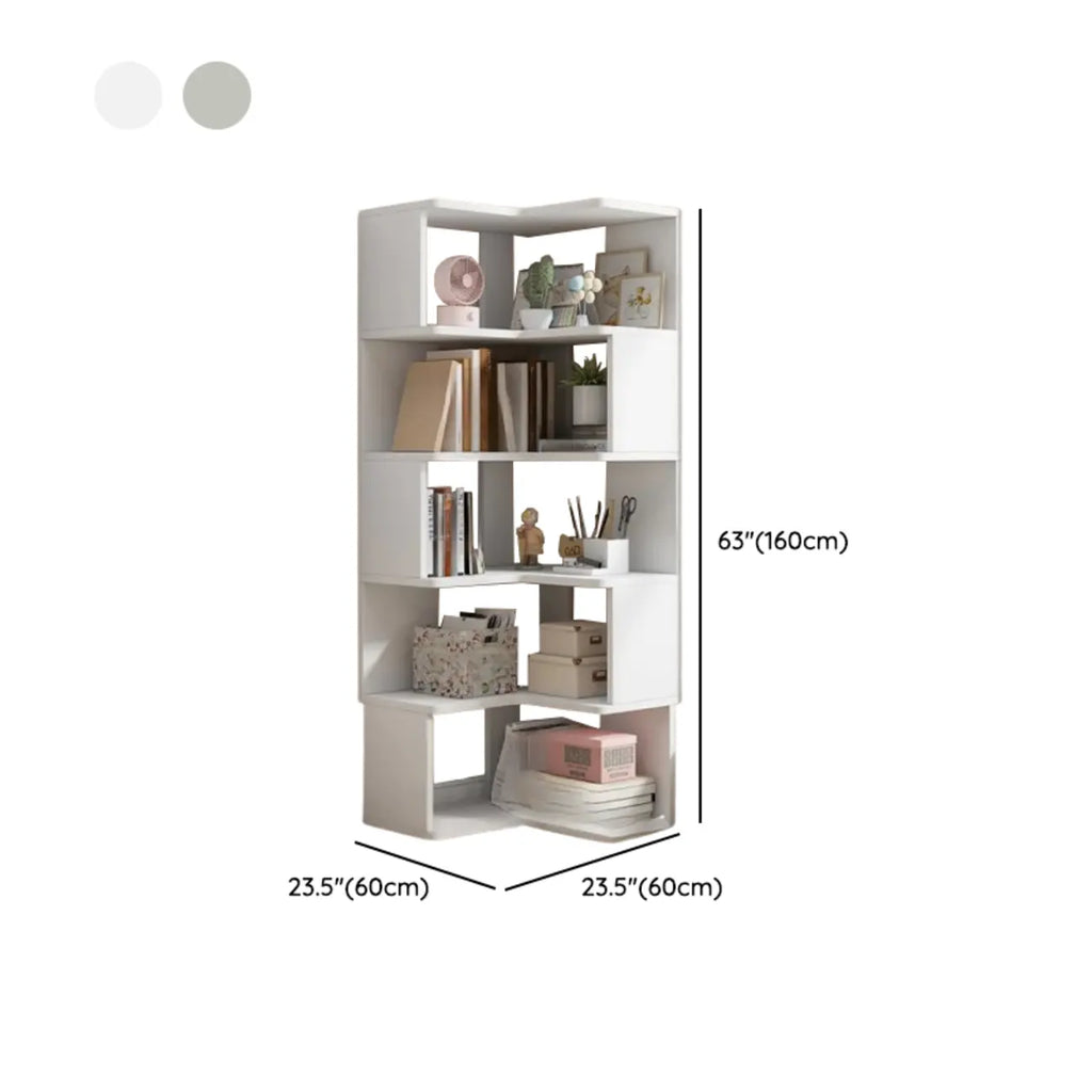 Irregular White L-shaped Wood Open Back Corner Bookcase