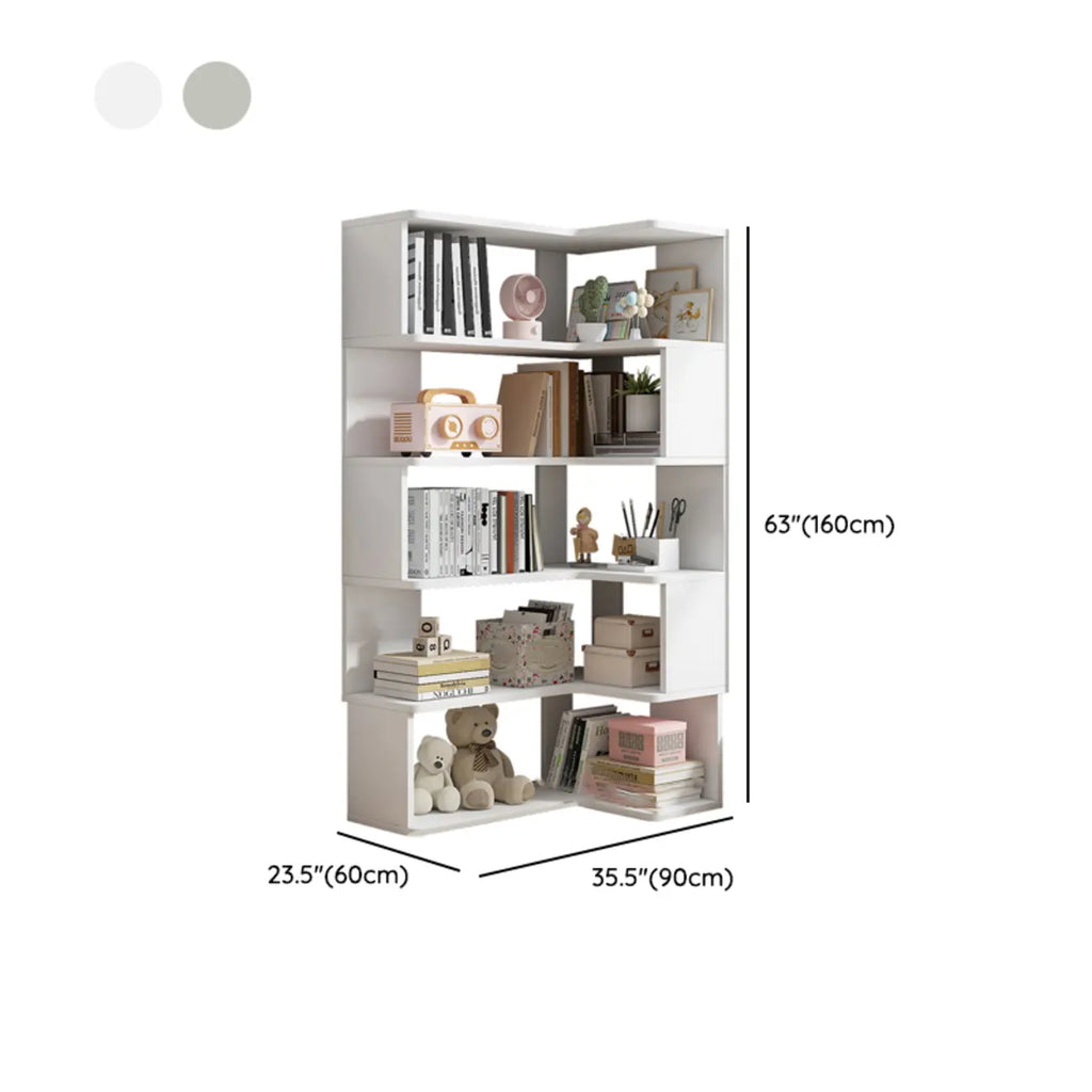 Irregular White L-shaped Wood Open Back Corner Bookcase