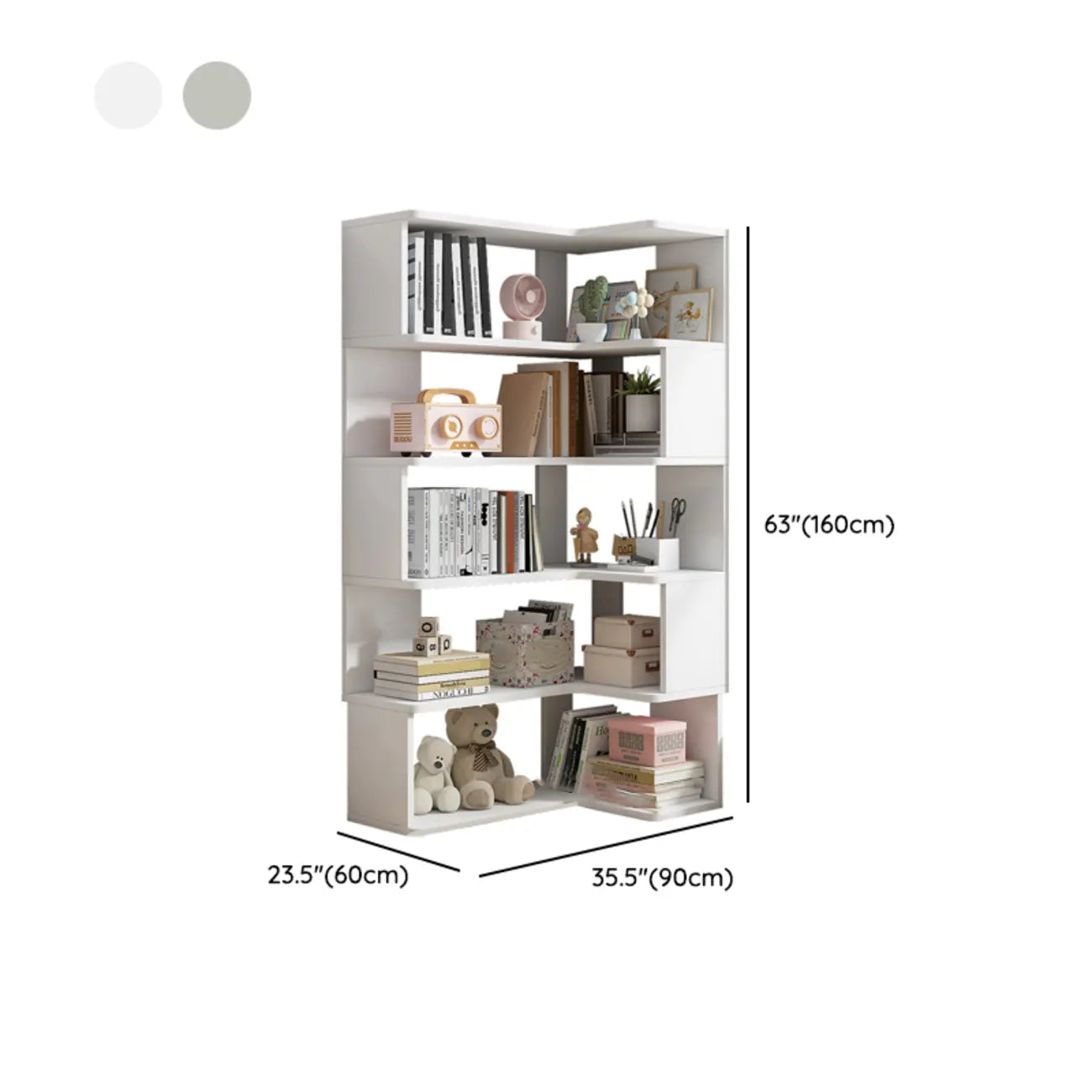 Irregular White L-shaped Wood Open Back Corner Bookcase