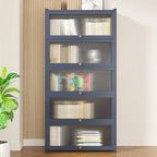 Vertical Bamboo Cabinet Glass Doors Bookcase Grey