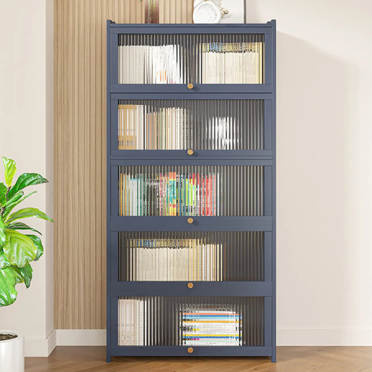 Vertical Bamboo Cabinet Glass Doors Bookcase Grey