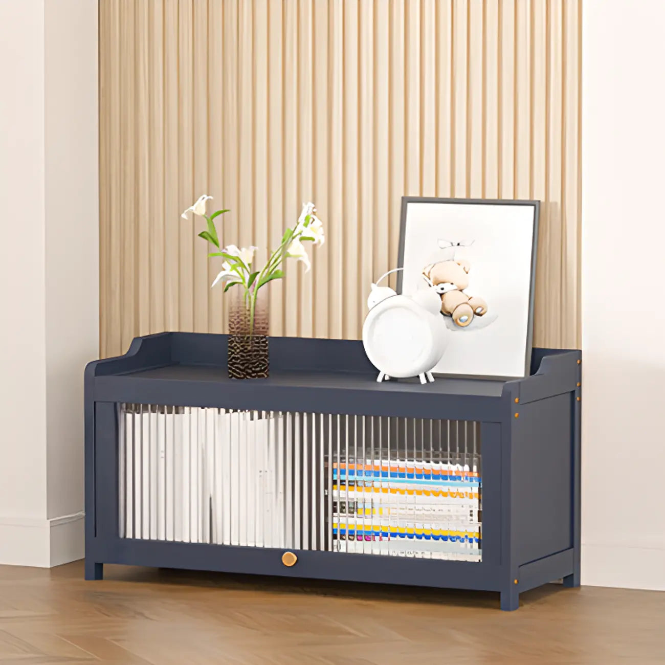 Vertical Bamboo Cabinet Glass Doors Bookcase Grey