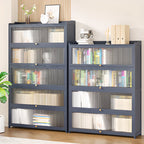 Vertical Bamboo Cabinet Glass Doors Bookcase Grey