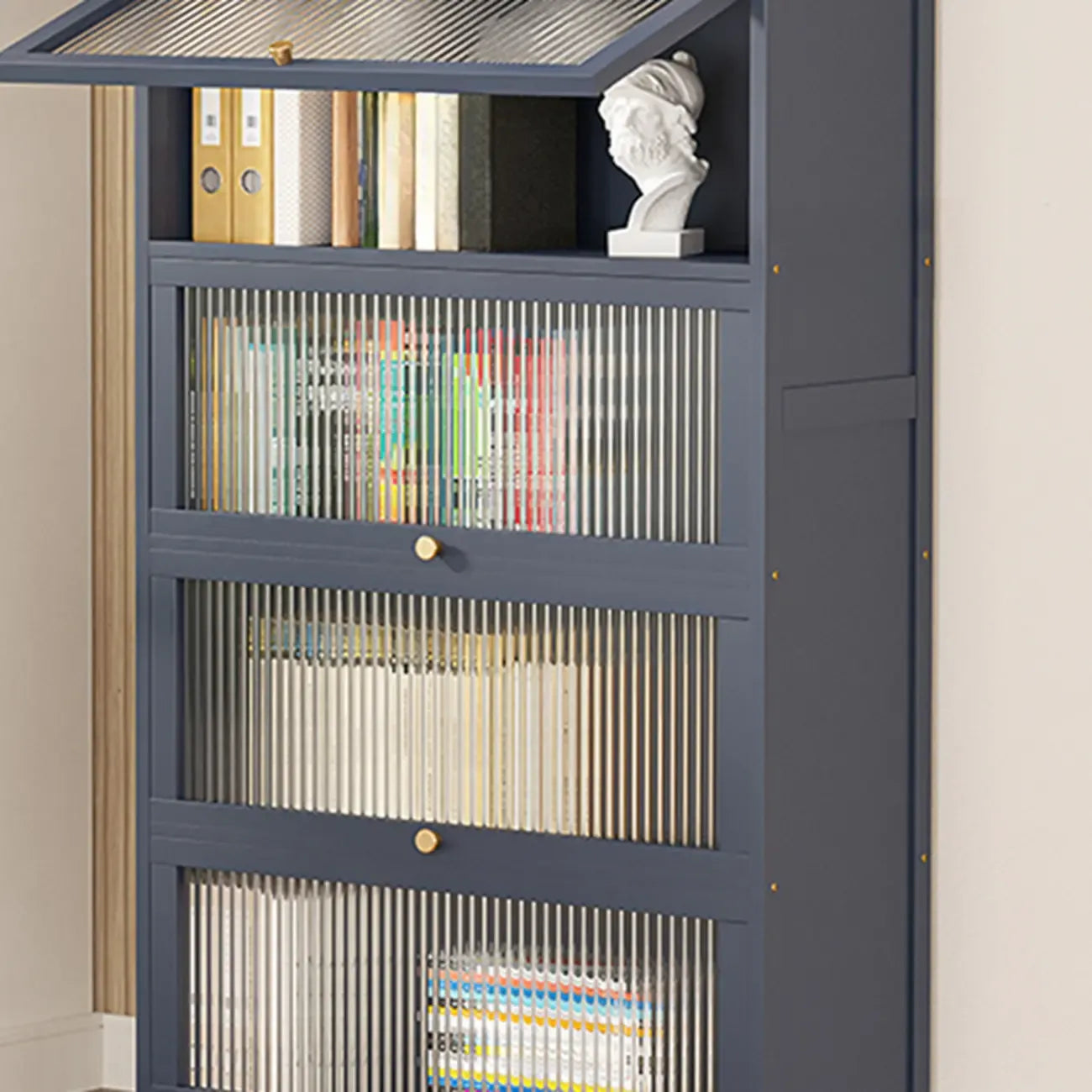 Vertical Bamboo Cabinet Glass Doors Bookcase Grey