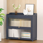 Vertical Bamboo Cabinet Glass Doors Bookcase Grey