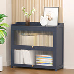 Vertical Bamboo Cabinet Glass Doors Bookcase Grey
