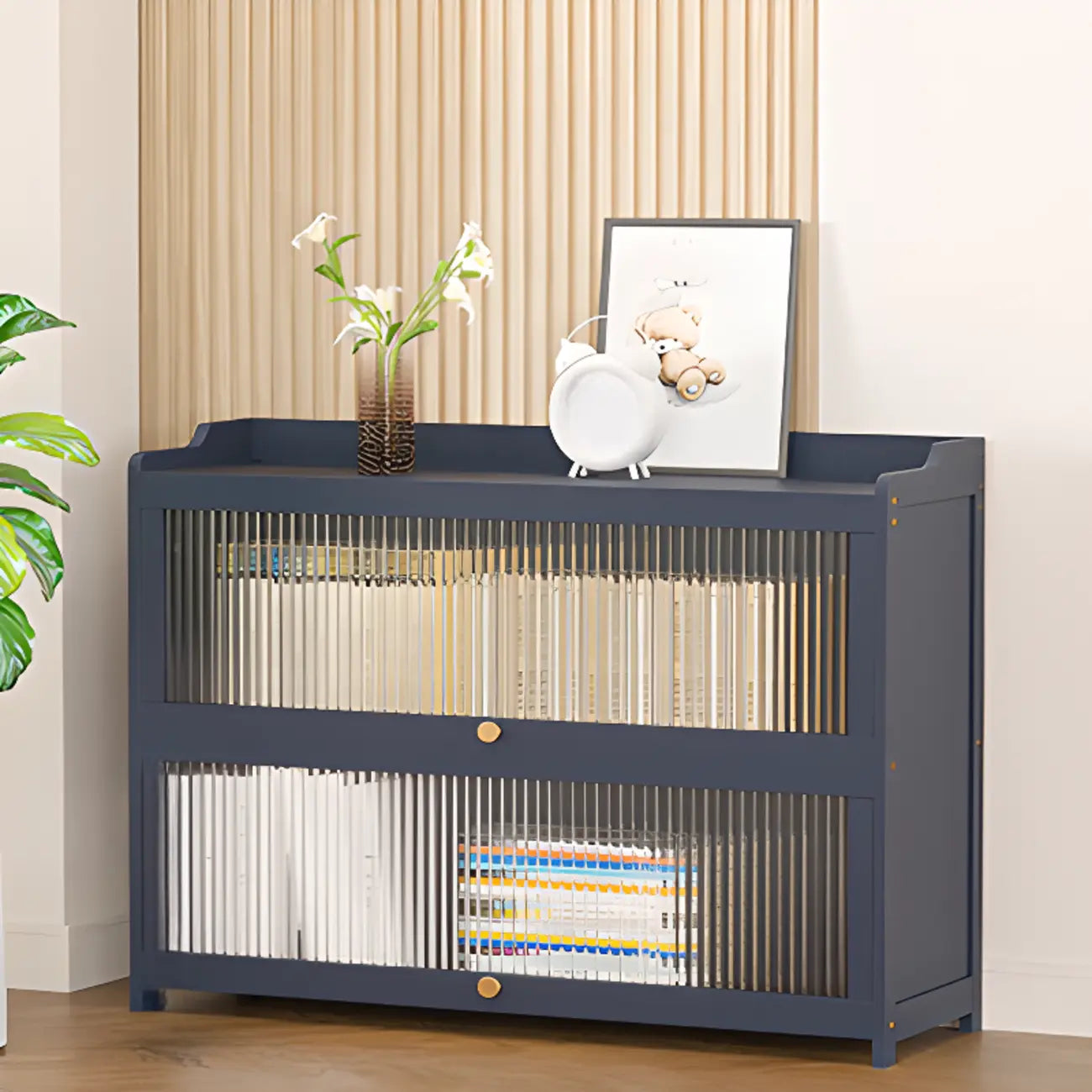 Vertical Bamboo Cabinet Glass Doors Bookcase Grey