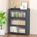 Vertical Bamboo Cabinet Glass Doors Bookcase Grey