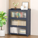 Vertical Bamboo Cabinet Glass Doors Bookcase Grey