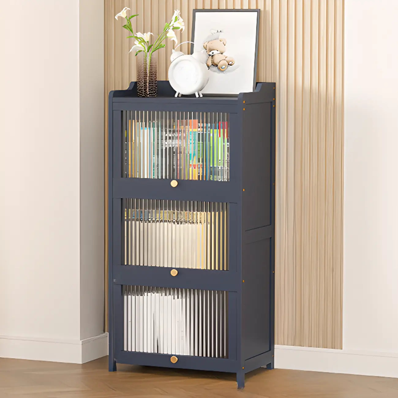Vertical Bamboo Cabinet Glass Doors Bookcase Grey