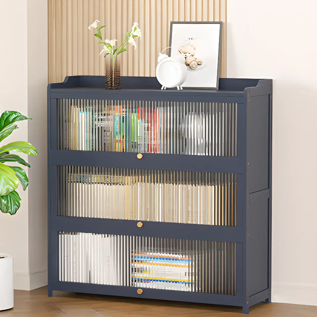 Vertical Bamboo Cabinet Glass Doors Bookcase Grey
