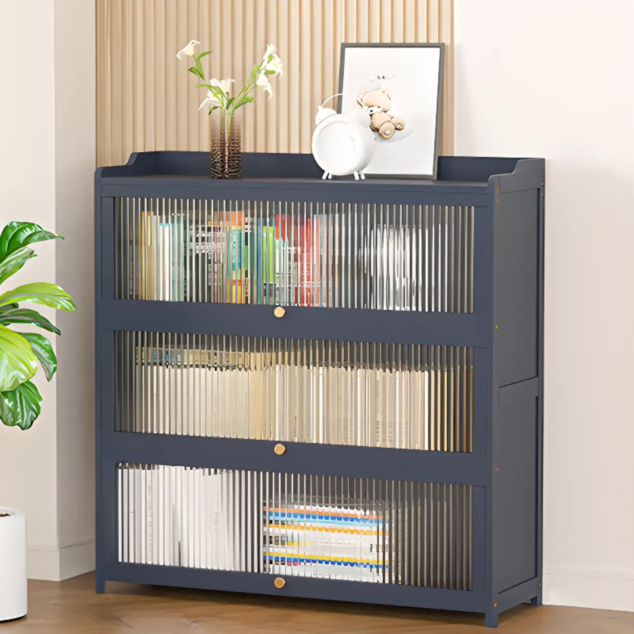Vertical Bamboo Cabinet Glass Doors Bookcase Grey
