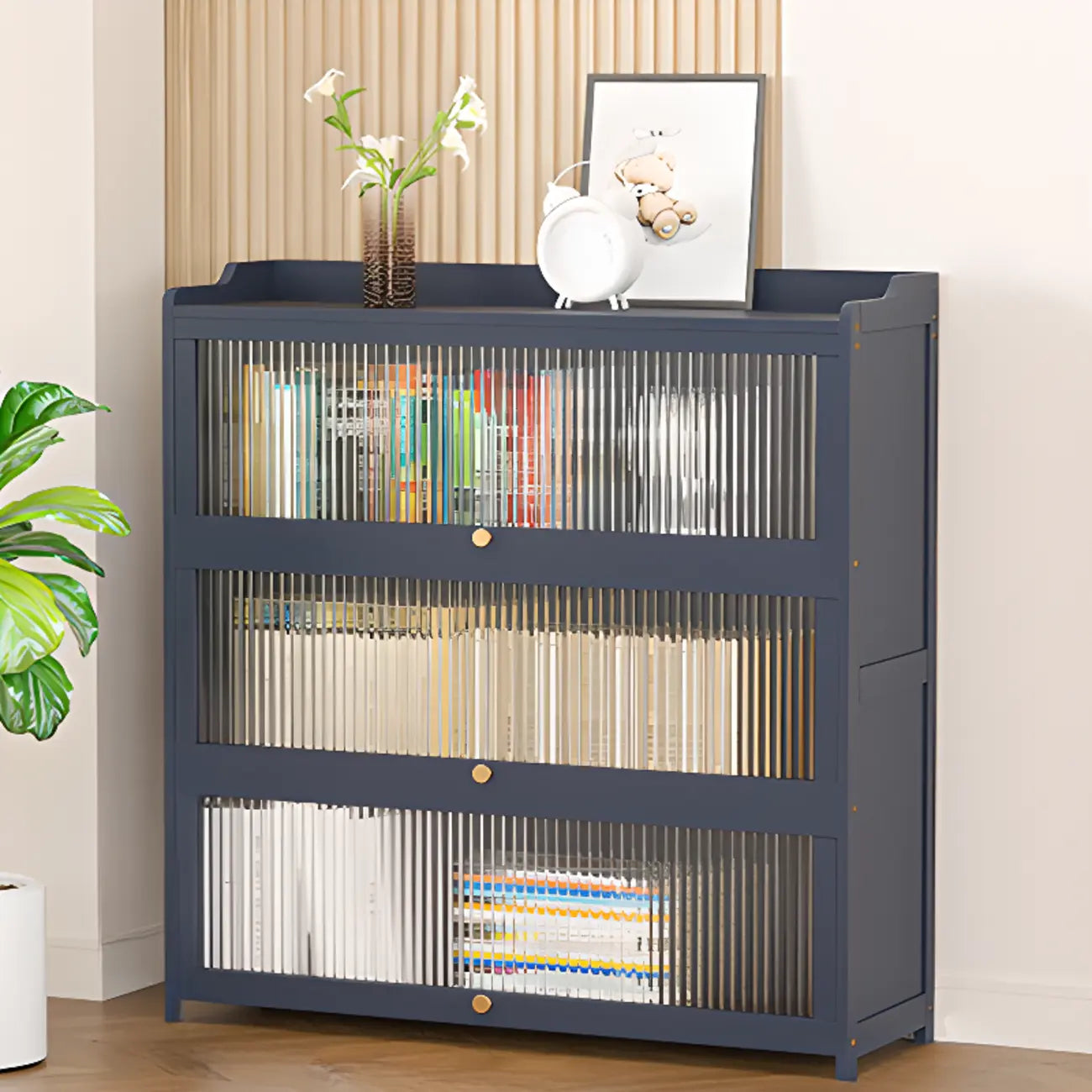 Vertical Bamboo Cabinet Glass Doors Bookcase Grey