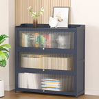 Vertical Bamboo Cabinet Glass Doors Bookcase Grey