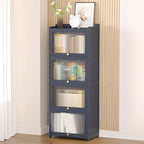 Vertical Bamboo Cabinet Glass Doors Bookcase Grey