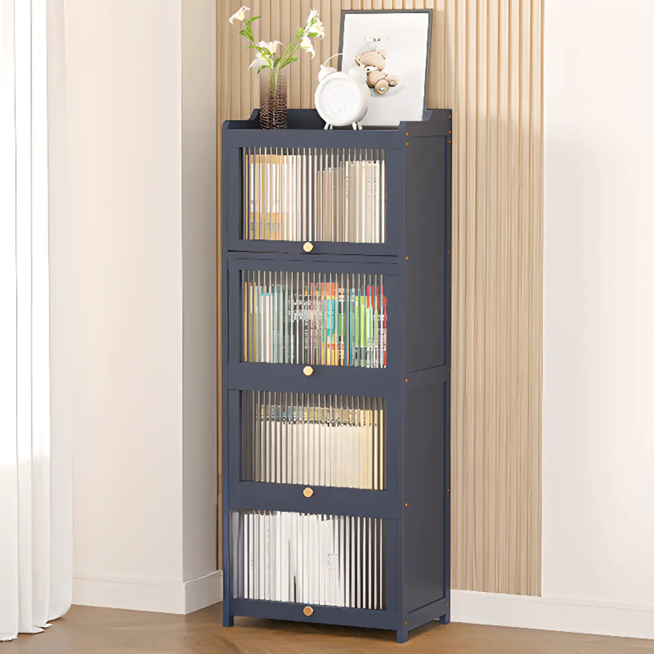 Vertical Bamboo Cabinet Glass Doors Bookcase Grey