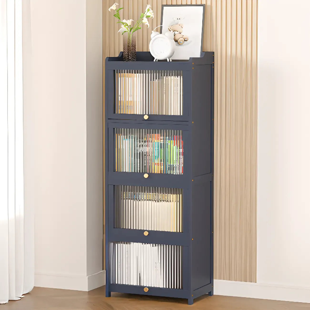 Vertical Bamboo Cabinet Glass Doors Bookcase Grey
