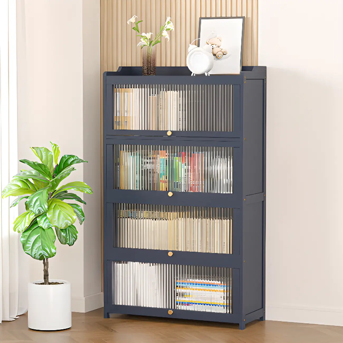 Vertical Bamboo Cabinet Glass Doors Bookcase Grey