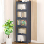 Vertical Bamboo Cabinet Glass Doors Bookcase Grey