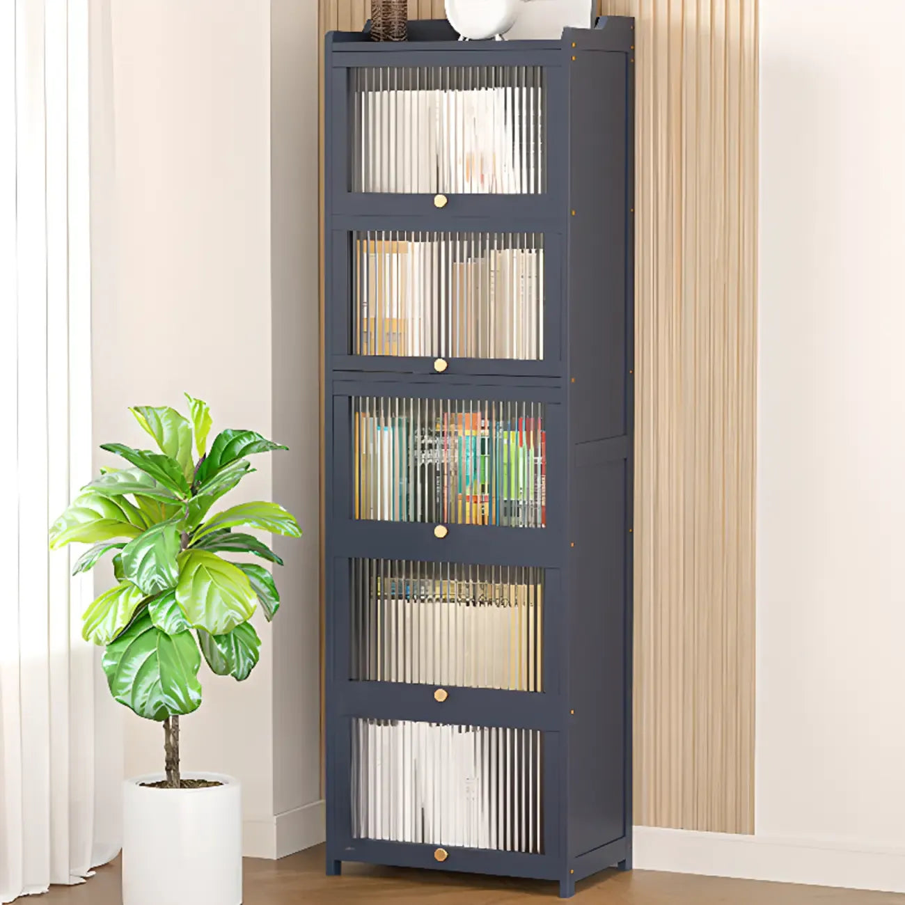 Vertical Bamboo Cabinet Glass Doors Bookcase Grey