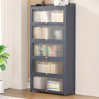 Vertical Bamboo Cabinet Glass Doors Bookcase Grey