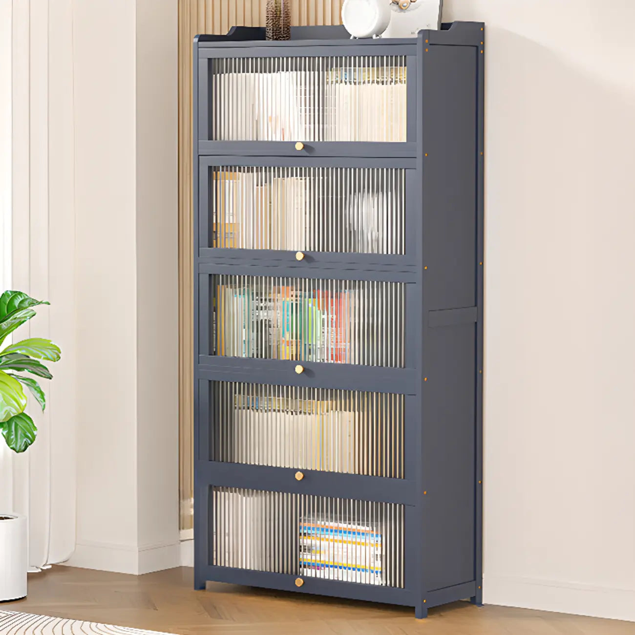 Vertical Bamboo Cabinet Glass Doors Bookcase Grey