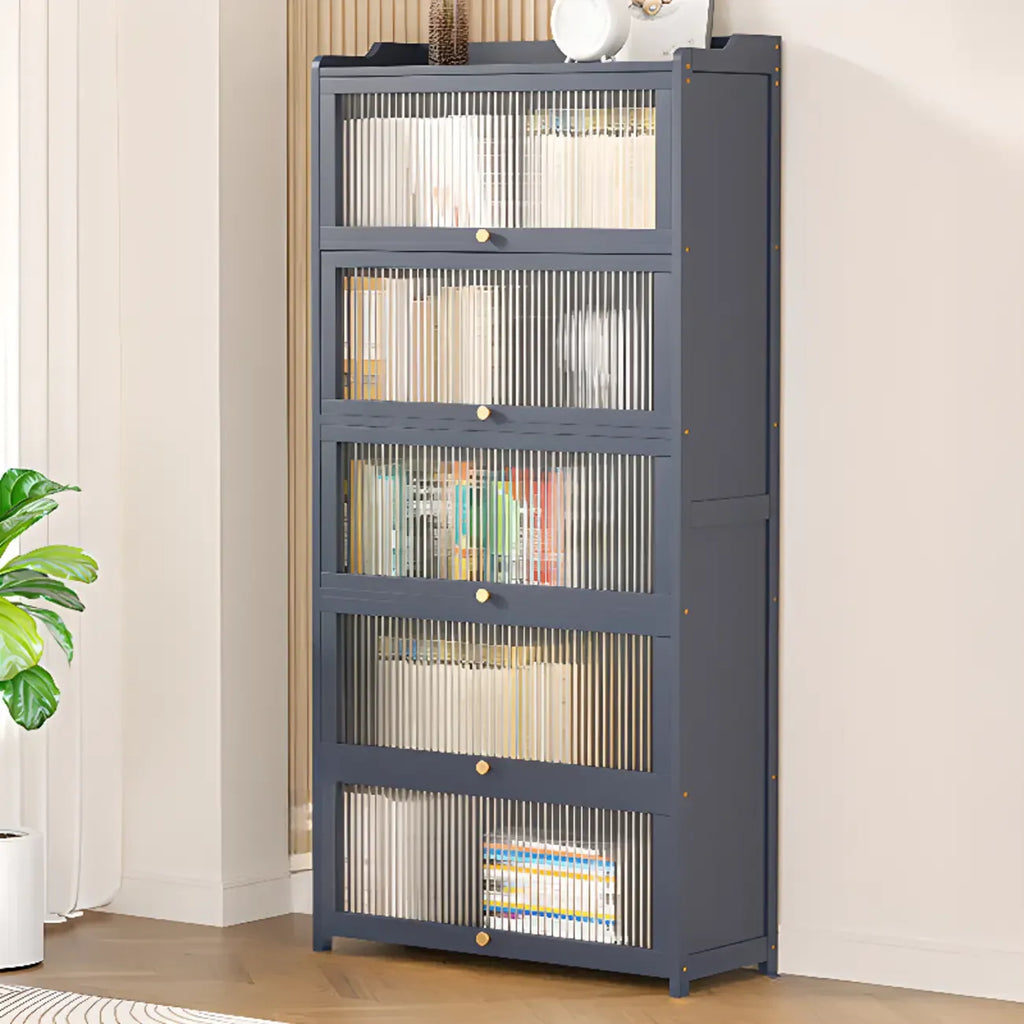 Vertical Bamboo Cabinet Glass Doors Bookcase Grey