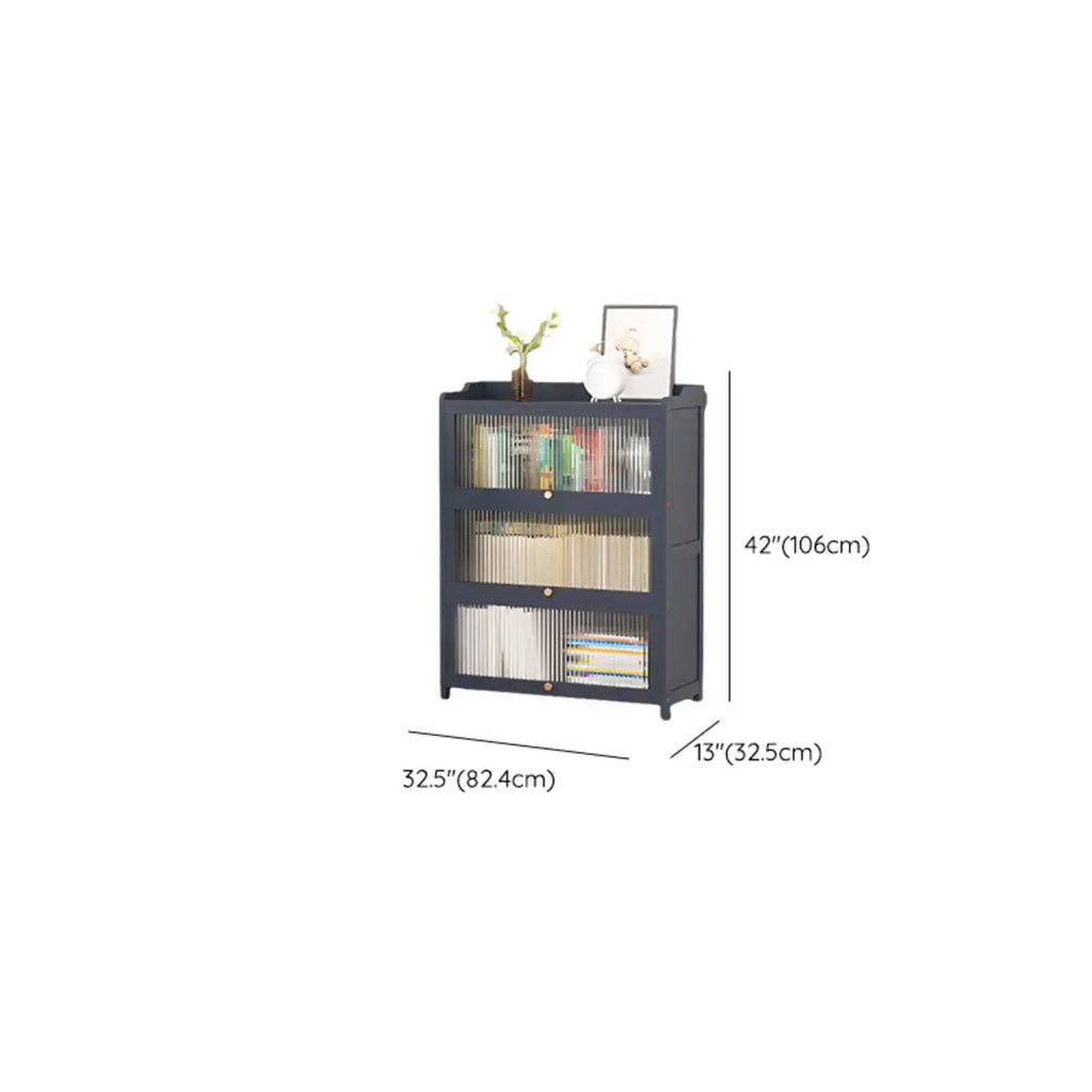 Vertical Bamboo Cabinet Glass Doors Bookcase Grey