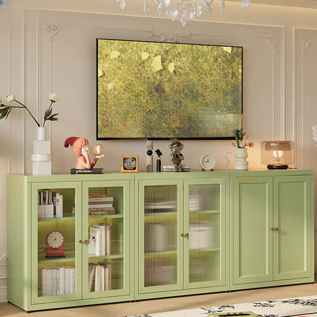 Modern Glass Door 3-Shelf Steel Green Frame Bookcase