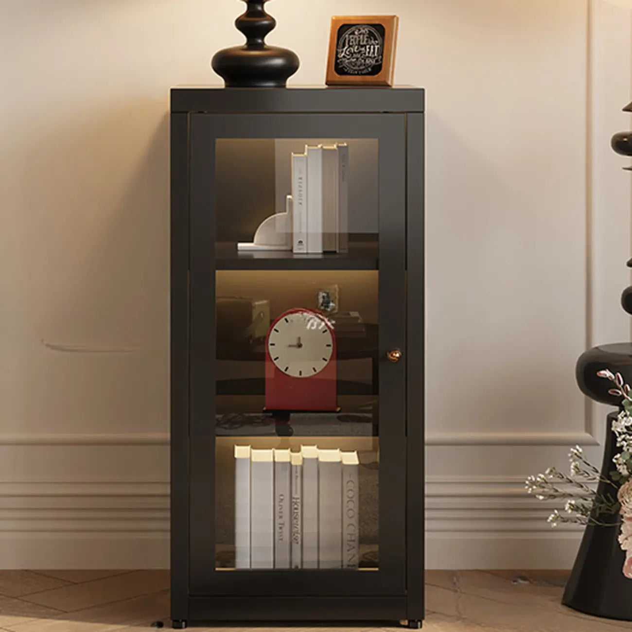 Modern Glass Door 3-Shelf Steel Green Frame Bookcase