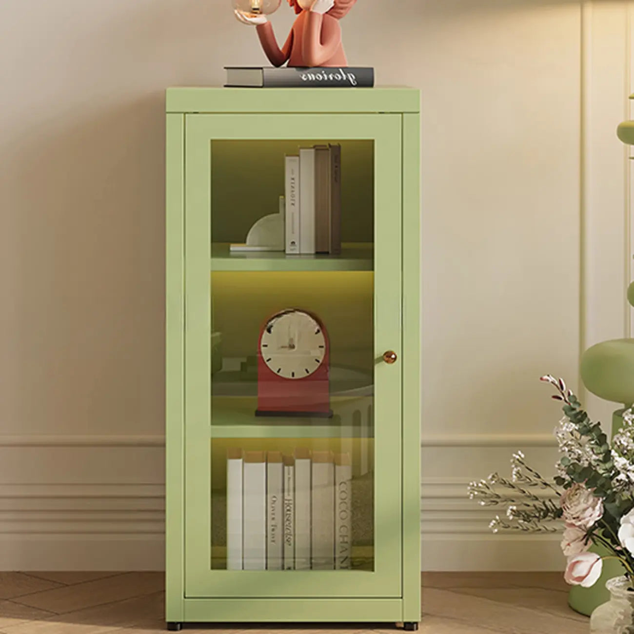 Modern Glass Door 3-Shelf Steel Green Frame Bookcase