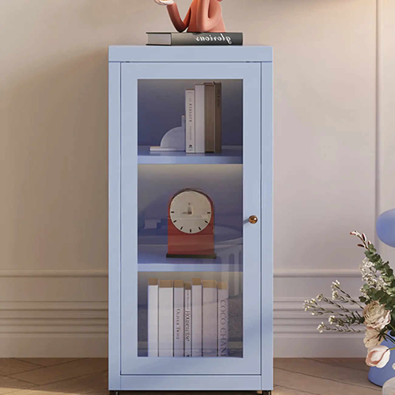 Modern Glass Door 3-Shelf Steel Green Frame Bookcase