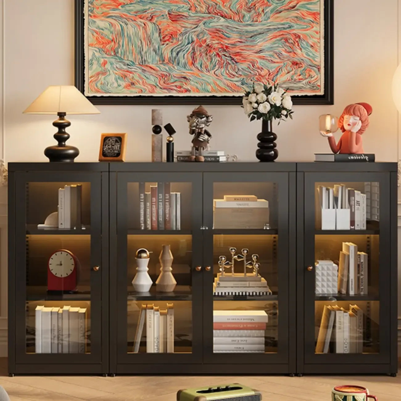 Modern Glass Door 3-Shelf Steel Green Frame Bookcase