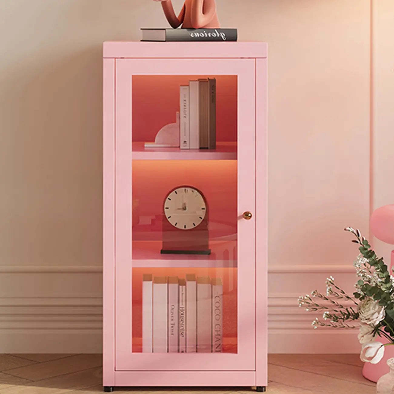 Modern Glass Door 3-Shelf Steel Green Frame Bookcase