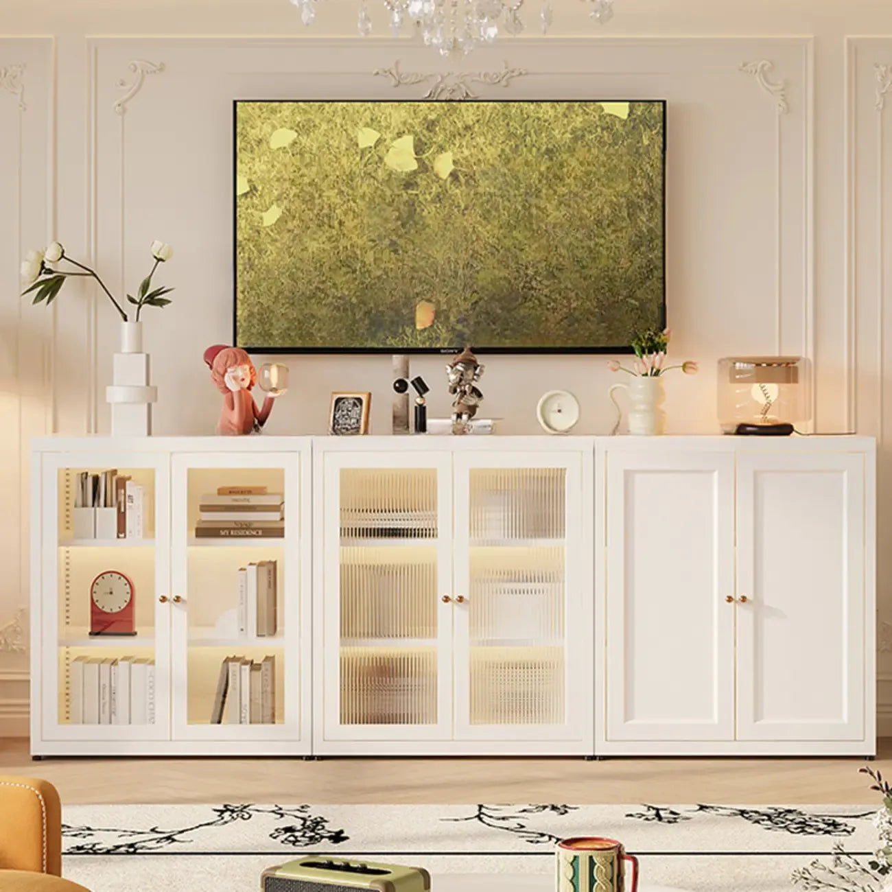 Modern Glass Door 3-Shelf Steel Green Frame Bookcase